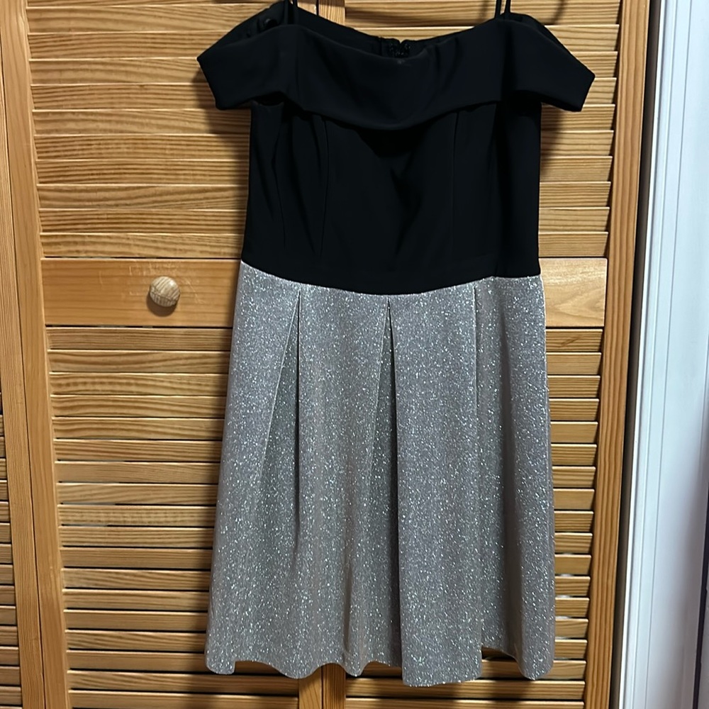 Off shoulder spaghetti strap black and glitter dress